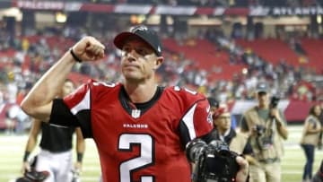 Oct 30, 2016; Atlanta, GA, USA; Atlanta Falcons quarterback Matt Ryan (2) celebrates their win against the Green Bay Packers at the Georgia Dome. The Falcons won 33-32. Mandatory Credit: Jason Getz-USA TODAY Sports