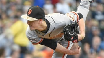 May 25, 2015; Milwaukee, WI, USA; San Francisco Giants pitcher Tim Lincecum (55) pitches in the first inning against the Milwaukee Brewers at Miller Park. Mandatory Credit: Benny Sieu-USA TODAY Sports
