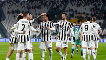 ALLIANZ STADIUM, TURIN, ITALY - 2022/01/15: Weston McKennie (C) of Juventus FC celebrates with his teammates after scoring a goal during the Serie A football match between Juventus FC and Udinese Calcio. Juventus FC won 2-0 over Udinese Calcio. (Photo by Nicolò Campo/LightRocket via Getty Images)