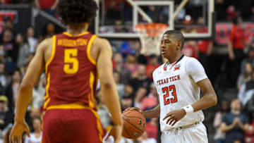 LUBBOCK, TX - FEBRUARY 07: Jarrett Culver #23 of the Texas Tech Red Raiders brings the ball up court against Lindell Wigginton #5 of the Iowa State Cyclones during the game on February 7, 2018 at United Supermarket Arena in Lubbock, Texas. Texas Tech defeated Iowa State 76-58. (Photo by John Weast/Getty Images)