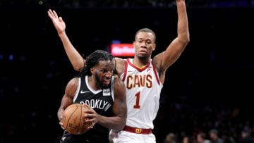 NEW YORK, NY - MARCH 25: Rondae Hollis-Jefferson #24 of the Brooklyn Nets works against Rodney Hood #1 of the Cleveland Cavaliers in the first quarter during their game at Barclays Center on March 25, 2018 in the Brooklyn borough of New York City. NOTE TO USER: User expressly acknowledges and agrees that, by downloading and or using this photograph, User is consenting to the terms and conditions of the Getty Images License Agreement. (Photo by Abbie Parr/Getty Images)