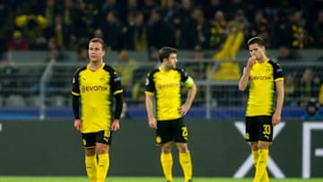 DORTMUND, GERMANY - NOVEMBER 01: Mario Goetze and Julian Weigl of Borussia Dortmund after receiving the goal to the 1:1 during the UEFA Champions League match between Borussia Dortmund and APOEL Nikosia at Signal Iduna Park on November 01, 2017 in Dortmund, Germany. (Photo by Alexandre Simoes/Borussia Dortmund/Getty Images)