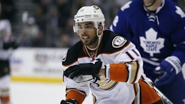 Mar 24, 2016; Toronto, Ontario, CAN; Anaheim Ducks forward Brandon Pirri (11) skates against the Toronto Maple Leafs at the Air Canada Centre. Toronto defeated Anaheim 6-5 in overtime. Mandatory Credit: John E. Sokolowski-USA TODAY Sports