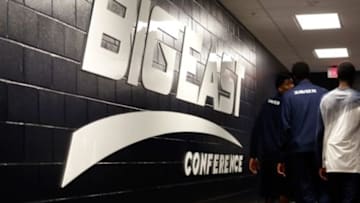 Dec 31, 2014; Cincinnati, OH, USA; A general view of the Big East logo on the wall as the Xavier Musketeers take the court prior to the game against the Georgetown Hoyas at Cintas Center. Xavier won 70-53. Mandatory Credit: Aaron Doster-USA TODAY Sports