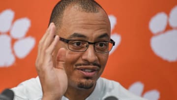 Clemson co-offensive coordinator Tony Elliott talks with media in the Poe Indoor Facility in Clemson Monday.Clemson Football Media Monday Tony Elliott