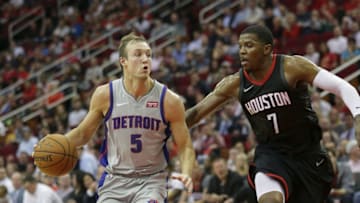 Detroit Pistons Luke Kennard and potential Piston Joe Johnson. (Photo by Bob Levey/Getty Images)