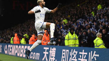 WATFORD, ENGLAND - DECEMBER 26: Riyad Mahrez of Leicester City celebrates scoring the opening goal during the Premier League match between Watford and Leicester City at Vicarage Road on December 26, 2017 in Watford, England. (Photo by Michael Regan/Getty Images)