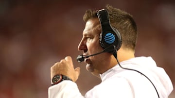 Oct 21, 2017; Fayetteville, AR, USA; Arkansas Razorbacks head coach Bret Bielema looks on during the first half against the Auburn Tigers at Donald W. Reynolds Razorback Stadium. Mandatory Credit: Nelson Chenault-USA TODAY Sports