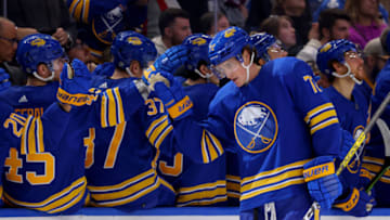 Dec 1, 2022; Buffalo, New York, USA; Buffalo Sabres center Tage Thompson (72) celebrates his goal with teammates during the first period against the Colorado Avalanche at KeyBank Center. Mandatory Credit: Timothy T. Ludwig-USA TODAY Sports