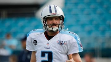 Dec 22, 2013; Jacksonville, FL, USA; Tennessee Titans kicker Rob Bironas (2) against the Jacksonville Jaguars works out prior to the game at EverBank Field. Mandatory Credit: Kim Klement-USA TODAY Sports