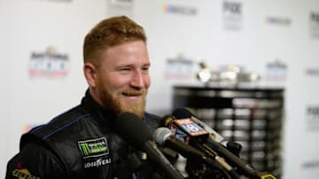 DAYTONA BEACH, FL - FEBRUARY 14: Jeffrey Earnhardt, driver of the #00 VRX Simulators Chevrolet, talks to the media during the Daytona 500 Media Day at Daytona International Speedway on February 14, 2018 in Daytona Beach, Florida. (Photo by Robert Laberge/Getty Images)