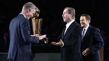 OAKLAND, CA - OCTOBER 16: Golden State Warriors team owner Joe Lacob gives head coach Steve Kerr his 2017-2018 Championship ring prior to their game against the Oklahoma City Thunder at ORACLE Arena on October 16, 2018 in Oakland, California. NOTE TO USER: User expressly acknowledges and agrees that, by downloading and or using this photograph, User is consenting to the terms and conditions of the Getty Images License Agreement. (Photo by Ezra Shaw/Getty Images)