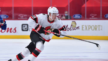 MONTREAL, QC - FEBRUARY 04: Tim Stutzle #18 of the Ottawa Senators skates against the Montreal Canadiens during the first period at the Bell Centre on February 4, 2021 in Montreal, Canada. The Ottawa Senators defeated the Montreal Canadiens 3-2. (Photo by Minas Panagiotakis/Getty Images)