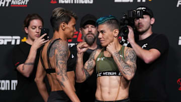 LAS VEGAS, NEVADA - APRIL 22: (L-R) Opponents Amanda Lemos of Brazil and Jessica Andrade of Brazil face off during the UFC weigh-in at UFC APEX on April 22, 2022 in Las Vegas, Nevada. (Photo by Chris Unger/Zuffa LLC)