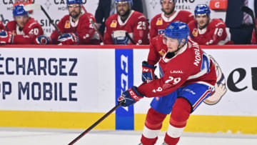 LAVAL, QC - MAY 12: Mattias Norlinder #29 of the Laval Rocket skates the puck against the Syracuse Crunch during the second period in Game Three of the North Division Semifinals at Place Bell on May 12, 2022 in Laval, Canada. The Laval Rocket defeated the Syracuse Crunch 4-1. (Photo by Minas Panagiotakis/Getty Images)
