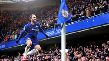 LONDON, ENGLAND - FEBRUARY 02: Gonzalo Higuain of Chelsea celebrates after he scores his teams first goal during the Premier League match between Chelsea FC and Huddersfield Town at Stamford Bridge on February 02, 2019 in London, United Kingdom. (Photo by Catherine Ivill/Getty Images)