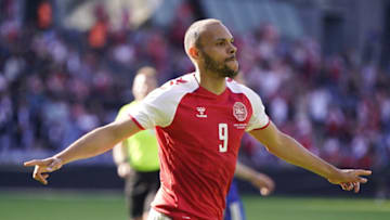 Denmark's forward Martin Braithwaite. (Photo by Liselotte Sabroe / Ritzau Scanpix / AFP) / Denmark OUT (Photo by LISELOTTE SABROE/Ritzau Scanpix/AFP via Getty Images)
