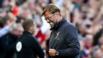 LIVERPOOL, ENGLAND - AUGUST 25: Jurgen Klopp, Manager of Liverpool celebrates after Mohamed Salah of Liverpool scores his team's first goal during the Premier League match between Liverpool FC and Brighton & Hove Albion at Anfield on August 25, 2018 in Liverpool, United Kingdom. (Photo by Jan Kruger/Getty Images)
