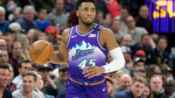 Feb 26, 2020; Salt Lake City, Utah, USA; Utah Jazz guard Donovan Mitchell (45) dribbles up the court during the first quarter against the Boston Celtics at Vivint Smart Home Arena. Mandatory Credit: Russell Isabella-USA TODAY Sports