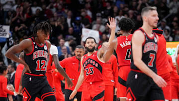 TORONTO, ON - NOVEMBER 6: Fred VanVleet #23 and Scottie Barnes #4 of the Toronto Raptors celebrate against the Chicago Bulls during the second half of their basketball game at the Scotiabank Arena on November 6, 2022 in Toronto, Ontario, Canada. NOTE TO USER: User expressly acknowledges and agrees that, by downloading and/or using this Photograph, user is consenting to the terms and conditions of the Getty Images License Agreement. (Photo by Mark Blinch/Getty Images)