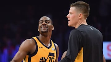LOS ANGELES, CA - NOVEMBER 30: Alec Burks #10 and Jonas Jerebko #8 of the Utah Jazz celebrate pay during a timeout in a 126-107 win over the LA Clippers at Staples Center on November 30, 2017 in Los Angeles, California. (Photo by Harry How/Getty Images)