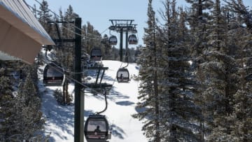 SOUTH LAKE TAHOE, CA - APRIL 15: Though snow conditions at the top of Heavenly Mountain Resort are good, skiers are noticing a number of dry spots as they venture up the gondola on April 15, 2021, in South Lake Tahoe, California. With Sierra Nevada snowpack levels at less than 60% of normal for the year, California's principal source of drinking and agricultural water has pushed much of the state into a "severe" or "extreme" drought situation. (Photo by George Rose/Getty Images)