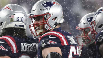 FOXBOROUGH, MA - NOVEMBER 15: Joe Thuney #62 of the New England Patriots looks on during the first half of a game against the Baltimore Ravens at Gillette Stadium on November 15, 2020 in Foxborough, Massachusetts. (Photo by Billie Weiss/Getty Images)