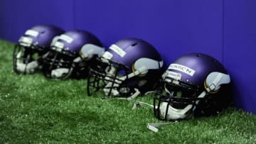 EDEN PRAIRIE, MN - MAY 3: Helmets belonging to the Minnesota Vikings are seen during a rookie minicamp on May 3, 2012 at Winter Park in Eden Prairie, Minnesota. (Photo by Hannah Foslien/Getty Images)