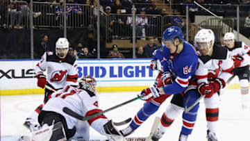 NEW YORK, NEW YORK - SEPTEMBER 29: Adam Edstrom #84 of the New York Rangers misses a second period opportunity against Vitek Vanecek #41 of the New Jersey Devils at Madison Square Garden on September 29, 2022 in New York City. (Photo by Bruce Bennett/Getty Images)