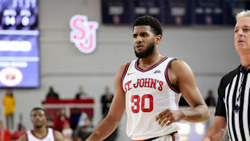 NEW YORK, NEW YORK - DECEMBER 03: LJ Figueroa #30 of the St. John's basketball team looks on against the St. Peter's Peacocks at Carnesecca Arena on December 03, 2019 in New York City. (Photo by Steven Ryan/Getty Images)