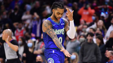 Minnesota Timberwolves guard D'Angelo Russell celebrates after scoring against the Philadelphia 76ers. Mandatory Credit: Kyle Ross-USA TODAY Sports