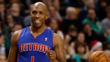 Dec 18, 2013; Boston, MA, USA; Detroit Pistons shooting guard Chauncey Billups (1) shares a laugh with teammates during the fourth quarter of Detroit