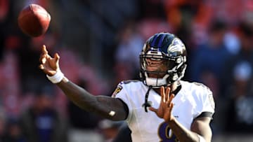 CLEVELAND, OHIO - DECEMBER 22: Lamar Jackson #8 of the Baltimore Ravens warms up prior to the game against the Cleveland Browns at FirstEnergy Stadium on December 22, 2019 in Cleveland, Ohio. (Photo by Jason Miller/Getty Images)