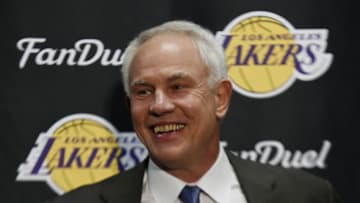 Nov 29, 2015; Los Angeles, CA, USA; Los Angeles Lakers general manager Mitch Kupchak speaks to the media before the game against the Indiana Pacers at Staples Center. Mandatory Credit: Richard Mackson-USA TODAY Sports
