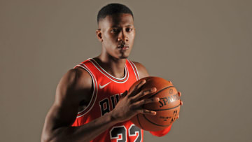 CHICAGO, IL - SEPTEMBER 25: Kris Dunn #32 of the Chicago Bulls poses for a portrait during the 2017-18 NBA Media Day on September 25, 2017 at the United Center in Chicago, Illinois. NOTE TO USER: User expressly acknowledges and agrees that, by downloading and or using this Photograph, user is consenting to the terms and conditions of the Getty Images License Agreement. Mandatory Copyright Notice: Copyright 2017 NBAE (Photo by Randy Belice/NBAE via Getty Images)
