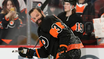 PHILADELPHIA, PA - MARCH 31: Radko Gudas #3 of the Philadelphia Flyers warms up against the New York Rangers on March 31, 2019 at the Wells Fargo Center in Philadelphia, Pennsylvania. (Photo by Len Redkoles/NHLI via Getty Images)
