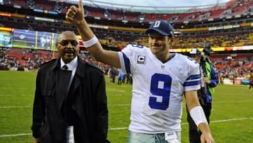 Dec 8, 2013; Landover, MD, USA; Dallas Cowboys quarterback Tony Romo (9) walks off the field after defeating the Washington Redskins at FedEx Field. Mandatory Credit: Brad Mills-USA TODAY Sports