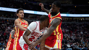 Dec 29, 2021; Chicago, Illinois, USA; Atlanta Hawks Chaundee Dwaine Brown Jr. defends Chicago Bulls forward Javonte Green (24) during the first half at United Center. Mandatory Credit: David Banks-USA TODAY Sports