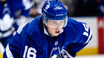 TORONTO, ON - JANUARY 20: Mitchell Marner #16 of the Toronto Maple Leafs waits on a face off against the Arizona Coyotes during the third period at the Scotiabank Arena on January 20, 2019 in Toronto, Ontario, Canada. (Photo by Mark Blinch/NHLI via Getty Images)