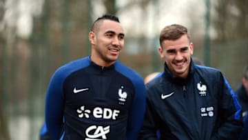 (L-R) Dimitri Payet and Antoine Griezmann of France during training on the first day of their training ahead of the friendly football match against Netherlands on March 21, 2016 in Clairefontaine en Yvelines, France. (Photo by Dave Winter/Icon Sport via Getty Images)