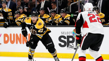 BOSTON, MA - NOVEMBER 02: Boston Bruins left wing Peter Cehlarik (22) looks to pass during a game between the Boston Bruins and the Ottawa Senators on November 2, 2019, at TD Garden in Boston, Massachusetts. (Photo by Fred Kfoury III/Icon Sportswire via Getty Images)