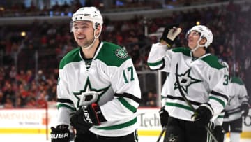 CHICAGO, IL - DECEMBER 11: Dallas Stars center Devin Shore (17) celebrates his goal in the second period during a game between the Dallas Stars and the Chicago Blackhawks on December 11, 2016, at the United Center in Chicago, IL. (Photo by Patrick Gorski/Icon Sportswire via Getty Images)