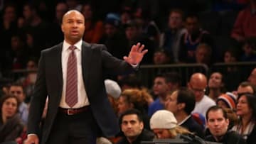 Jan 2, 2015; New York, NY, USA; New York Knicks head coach Derek Fisher gestures during the game against the Detroit Pistons at Madison Square Garden. Mandatory Credit: Anthony Gruppuso-USA TODAY Sports