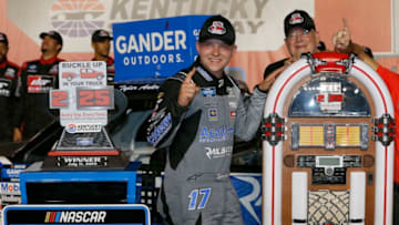 SPARTA, KENTUCKY - JULY 11: Tyler Ankrum, driver of the #17 Acadmey Sports Outdoors/RAILBLAZA Toyota, celebrates in Victory Lane after winning the NASCAR Gander Outdoor Truck Series Buckle Up In Your Truck 225 at Kentucky Speedway on July 11, 2019 in Sparta, Kentucky. (Photo by Brian Lawdermilk/Getty Images)