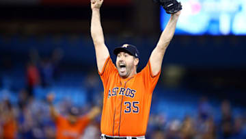 TORONTO, ON - SEPTEMBER 01: Justin Verlander #35 of the Houston Astros celebrates after throwing a no hitter at the end of the ninth inning during a MLB game against the Toronto Blue Jays at Rogers Centre on September 01, 2019 in Toronto, Canada. (Photo by Vaughn Ridley/Getty Images)