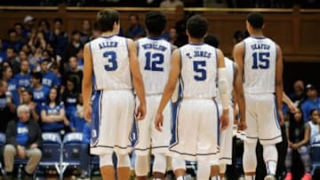 Nov 4, 2014; Durham, NC, USA; Duke Blue Devils freshmen Duke Blue Devils guard Grayson Allen (3), forward Justise Winslow (12), guard Tyus Jones (5), and center Jahlil Okafor (15) walk on the court after their 115-58 win over the Livingstone Blue Bears at Cameron Indoor Stadium. Mandatory Credit: Mark Dolejs-USA TODAY Sports