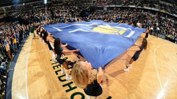INDIANAPOLIS, IN - MARCH 29: Here is a photograph of the Pacers logo prior to the Indiana Pacers against the Dallas Mavericks on March 29, 2015 at Bankers Life Fieldhouse in Indianapolis, Indiana. NOTE TO USER: User expressly acknowledges and agrees that, by downloading and or using this Photograph, user is consenting to the terms and conditions of the Getty Images License Agreement. Mandatory Copyright Notice: Copyright 2015 NBAE (Photo by David Dow/NBAE via Getty Images)