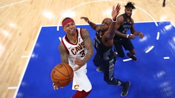 DETROIT, MI - JANUARY 30: Isaiah Thomas #3 of the Cleveland Cavaliers tries to get a shot off past Anthony Tolliver #43 of the Detroit Pistons during the second half at Little Caesars Arena on January 30, 2018 in Detroit, Michigan. Detroit won the game 125-114. NOTE TO USER: User expressly acknowledges and agrees that, by downloading and or using this photograph, User is consenting to the terms and conditions of the Getty Images License Agreement. (Photo by Gregory Shamus/Getty Images)