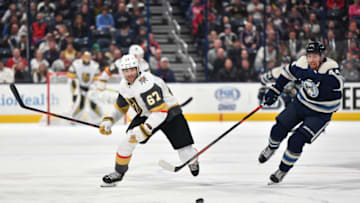 COLUMBUS, OH - NOVEMBER 5: Max Pacioretty #68 of the Vegas Golden Knights and Vladislav Gavrikov #44 of the Columbus Blue Jackets skate after a loose puck during the second period of a game on November 5, 2019 at Nationwide Arena in Columbus, Ohio. (Photo by Jamie Sabau/NHLI via Getty Images)