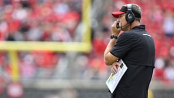Sep 24, 2022; Louisville, Kentucky, USA; Louisville Cardinals head coach Scott Satterfield watches during the second quarter against the South Florida Bulls at Cardinal Stadium. Louisville defeated South Florida 41-3. Mandatory Credit: Jamie Rhodes-USA TODAY Sports